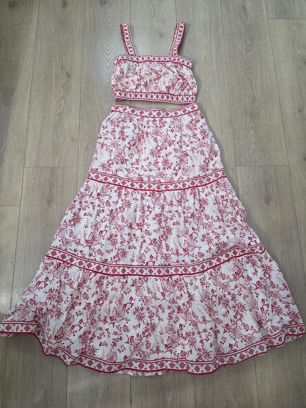 Japna Set Maxi Skirt And Cropped Top with Red Floral Print and Tiered Trim